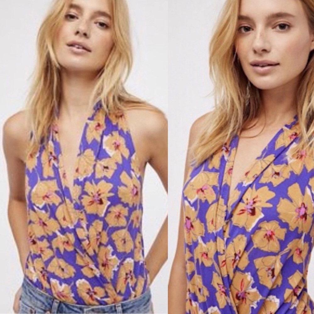FREE PEOPLE Bodysuit Womens Medium Purple Sure to Please Rayon Jersey Floral